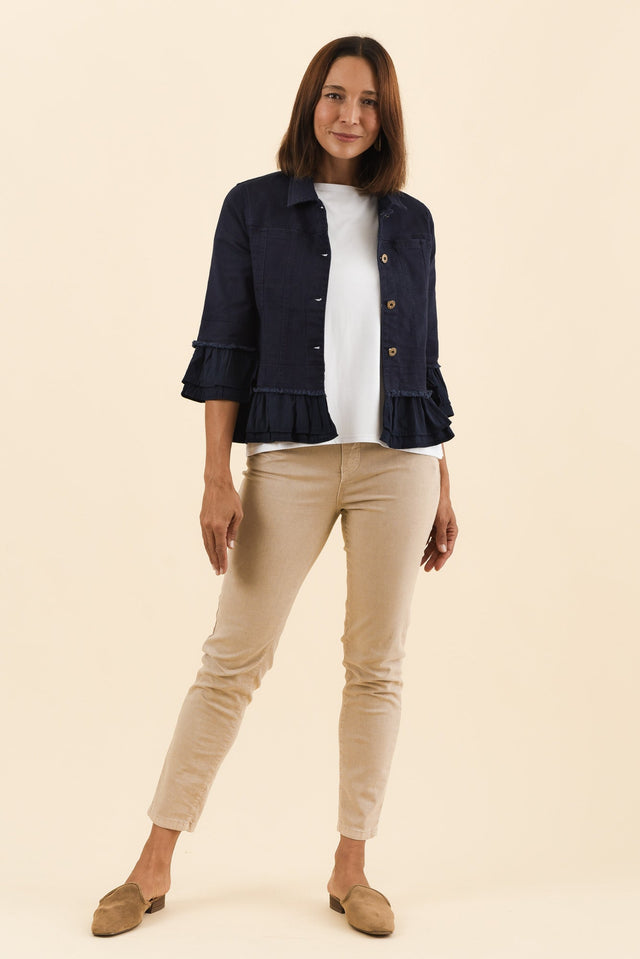 Dolores Navy Cotton Frill Jacket,Full Body,Brunette model,alt text|model:Cara image 2