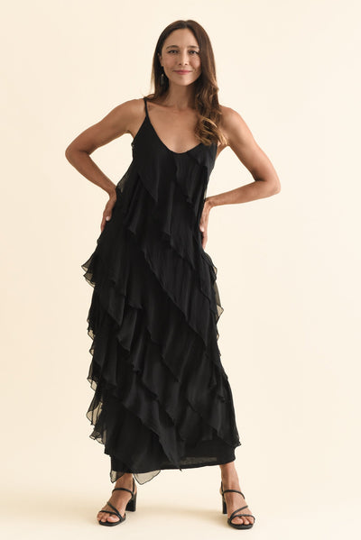 Dominica Black Silk Ruffle Dress