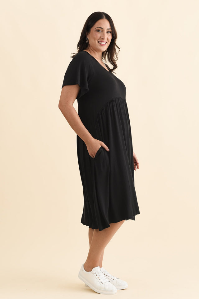 Donna Black Gathered Dress,Brunette model,alt text|model:Emilia image 10