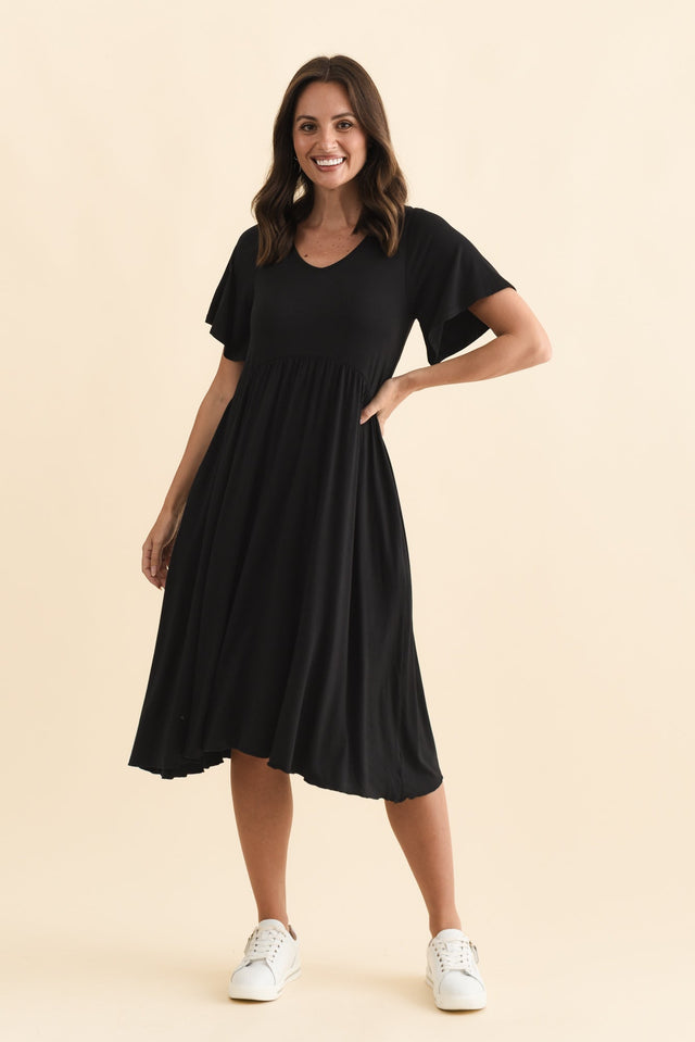 Donna Black Gathered Dress,Brunette model,alt text|model:MJ image 3