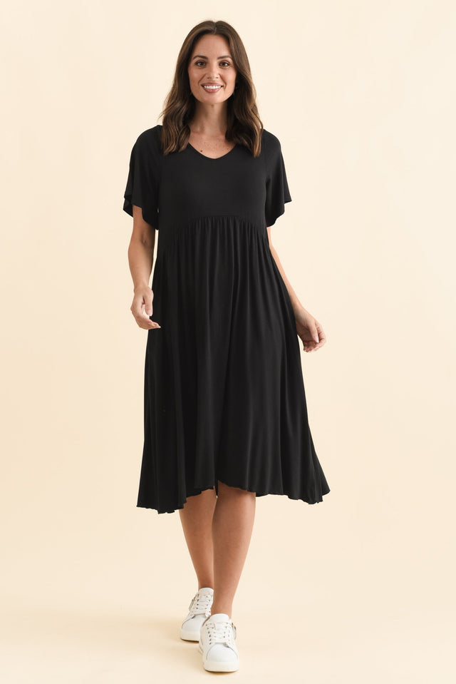 Donna Black Gathered Dress,Brunette model,alt text|model:MJ image 7