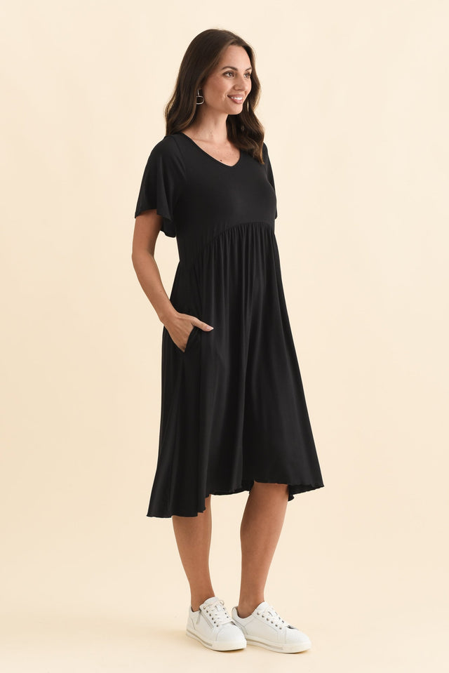 Donna Black Gathered Dress,Brunette model,alt text|model:MJ image 4