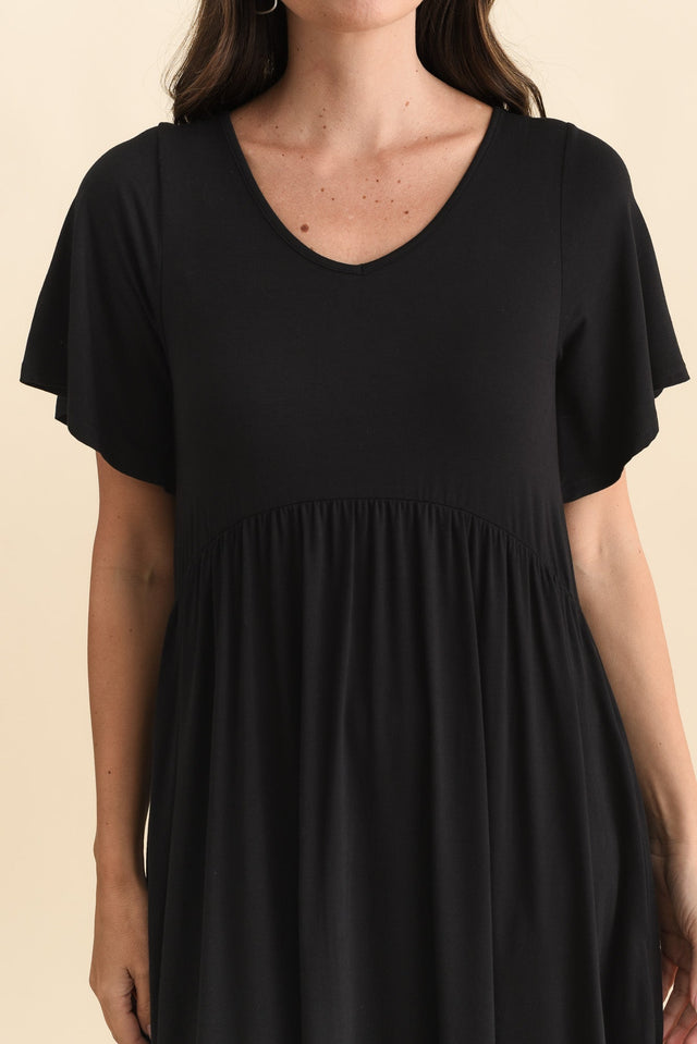Donna Black Gathered Dress,Brunette model,alt text|model:MJ image 6