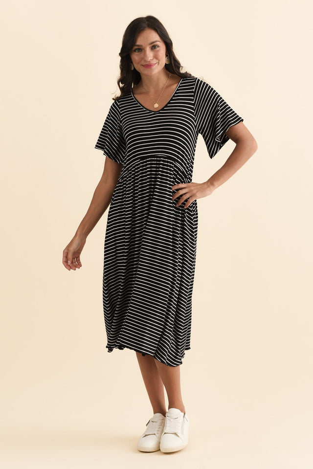 Donna Black Stripe Gathered Dress,Brunette model,alt text|model:Brontie image 7