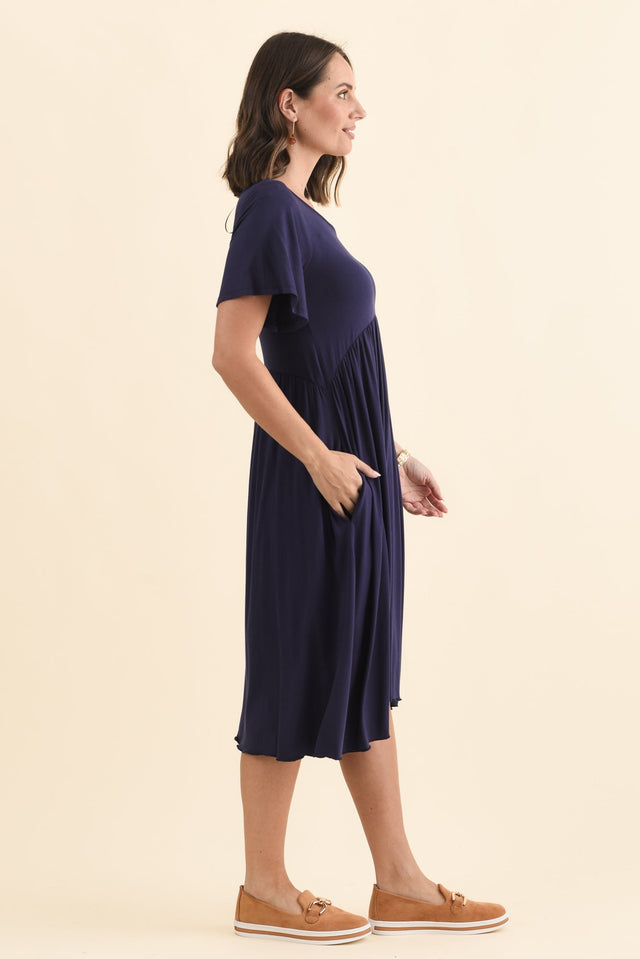 Donna Navy Gathered Dress,Brunette model,alt text|model:MJ image 4