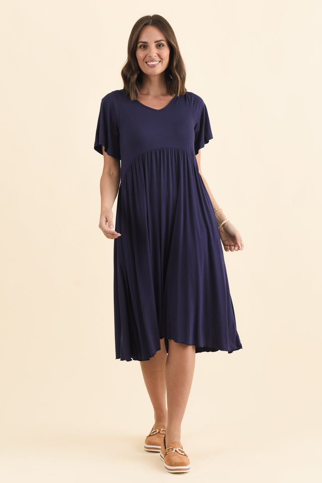 Donna Navy Gathered Dress,Brunette model,alt text|model:MJ image 6