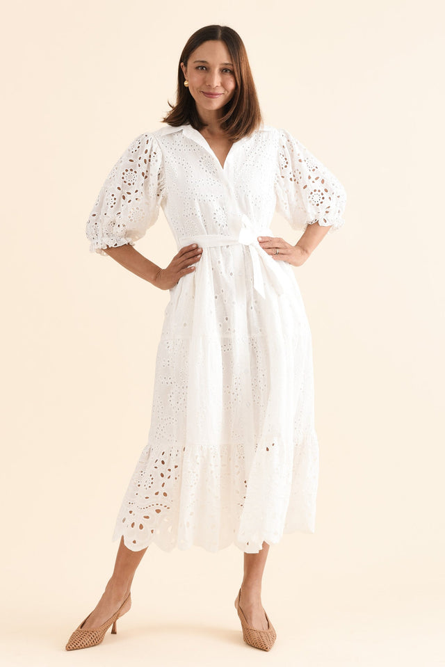 Donnie White Cotton Embroidered Dress,Full Body,Brunette model,alt text|model:Cara image 2
