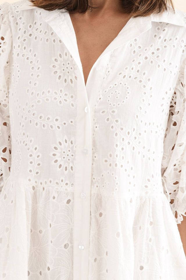 Donnie White Cotton Embroidered Dress,Detail,Brunette model,alt text|model:Cara image 5