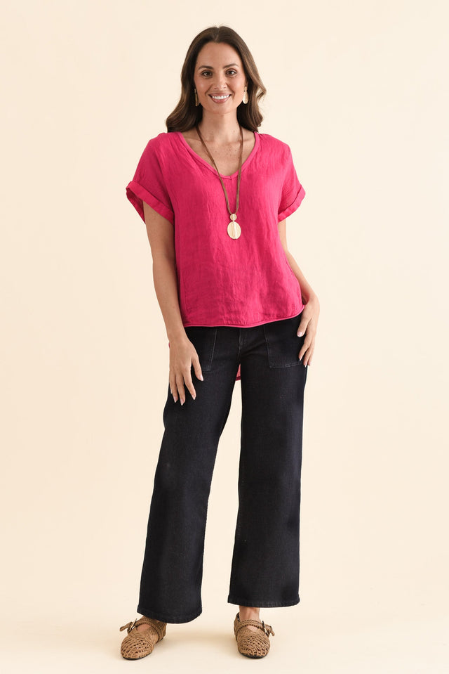 Dorian Hot Pink Linen Cotton Top,Full Body,Brunette model,alt text|model:MJ image 8