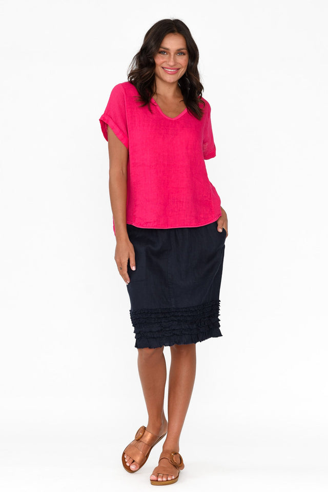 Dorian Hot Pink Linen Cotton Top,Brunette model,alt text|model:Brontie image 3