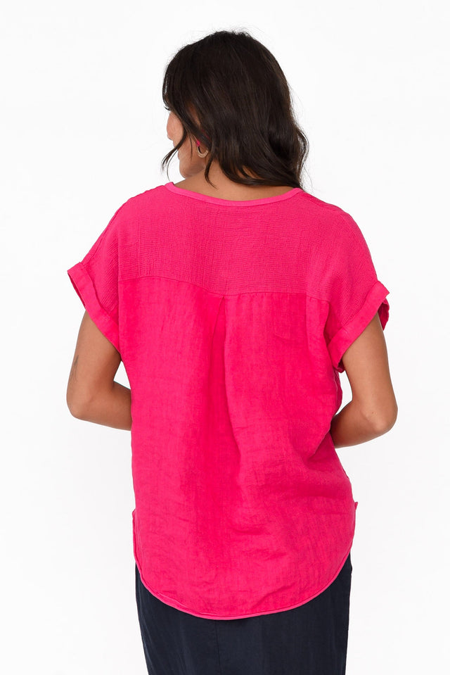 Dorian Hot Pink Linen Cotton Top,Brunette model,alt text|model:Brontie image 5