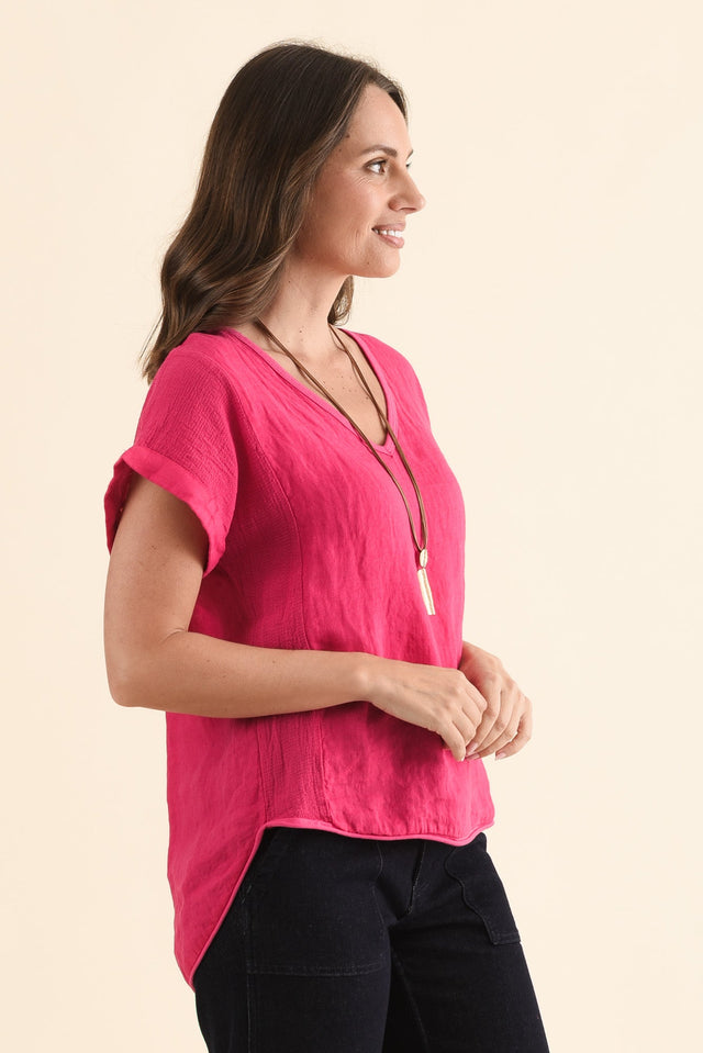 Dorian Hot Pink Linen Cotton Top,Side,Brunette model,alt text|model:MJ image 5