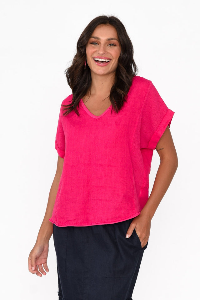 Dorian Hot Pink Linen Cotton Top,Brunette model,Lifestyle image 1