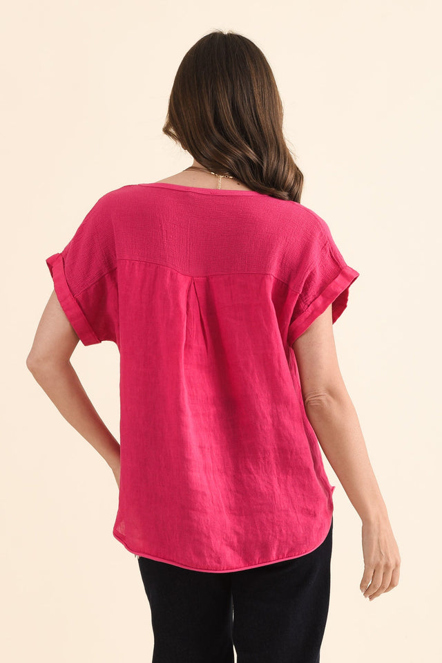 Dorian Hot Pink Linen Cotton Top,Back,Brunette model,alt text|model:MJ image 6