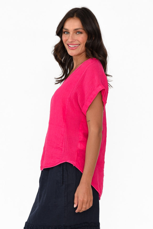 Dorian Hot Pink Linen Cotton Top,Brunette model,alt text|model:Brontie image 4