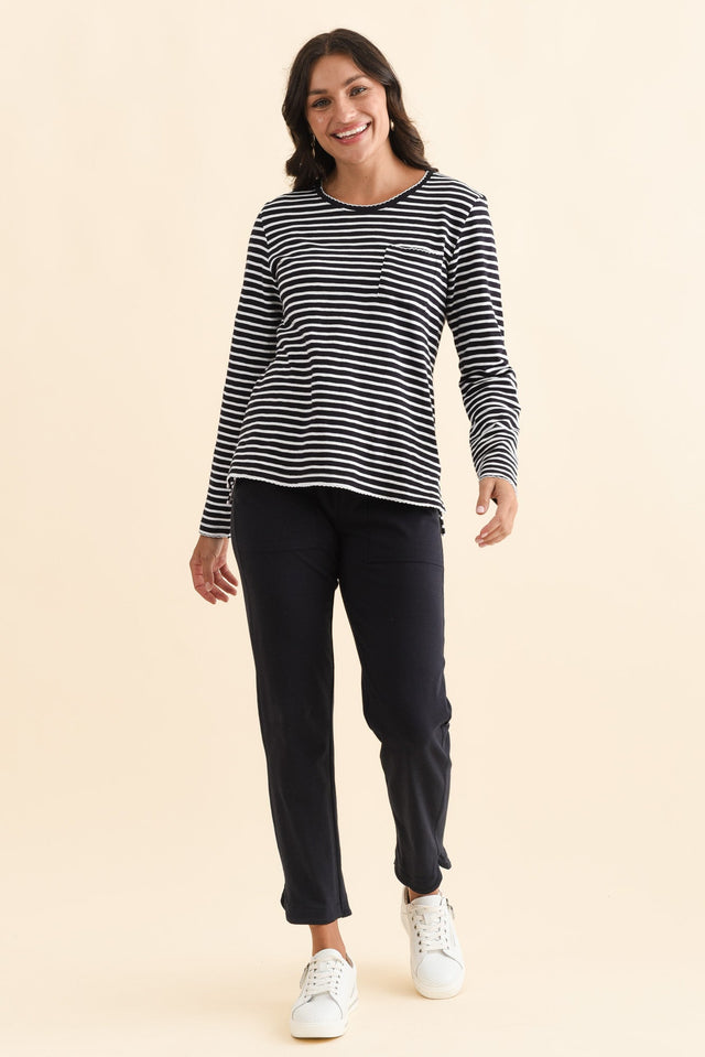 Drea Navy Stripe Cotton Long Sleeve Tee,Brunette model,alt text|model:Brontie image 7