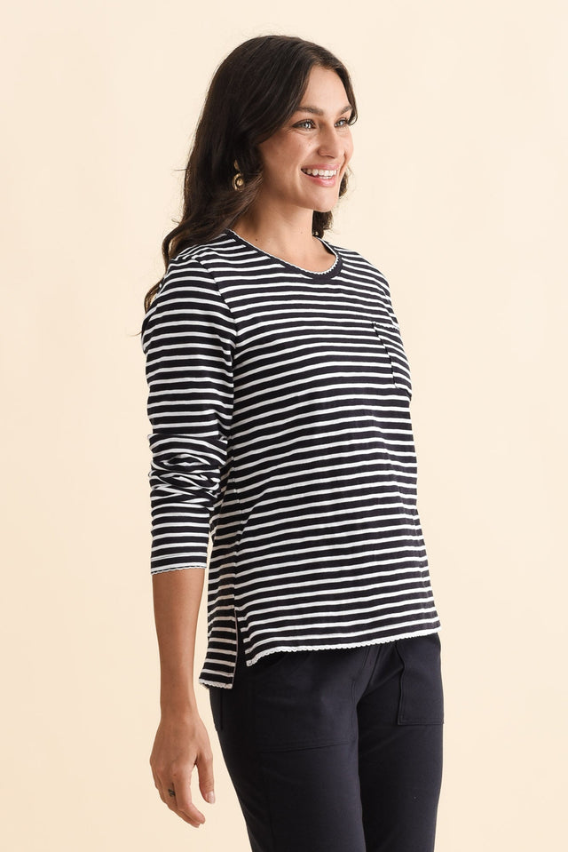 Drea Navy Stripe Cotton Long Sleeve Tee,Brunette model,alt text|model:Brontie image 4