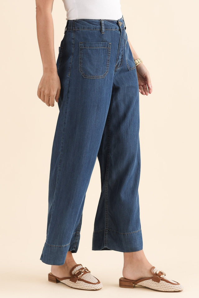 Dune Dark Denim Wide Leg Pants,Side,Brunette model,alt text|model:MJ image 3