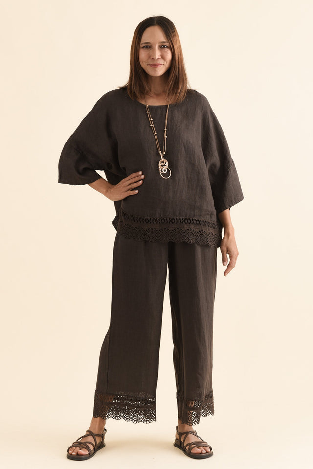 Easton Chocolate Linen Embroidered Top,Full Body,Brunette model,alt text|model:Cara image 2