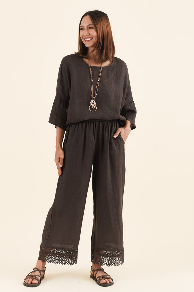 Yukon Chocolate Linen Embroidered Pants,Full Body,Brunette model,alt text|model:Cara