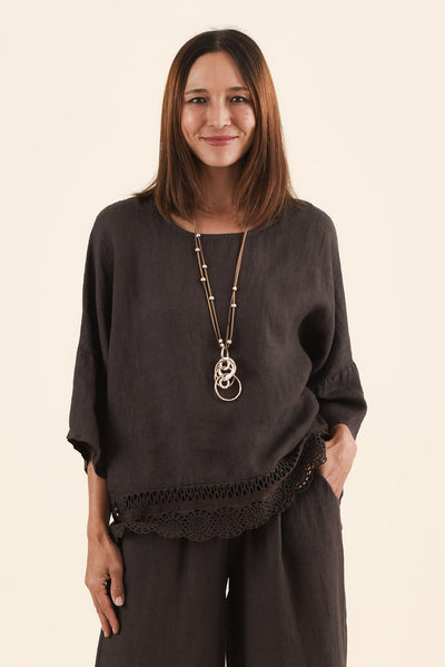 Easton Chocolate Linen Embroidered Top