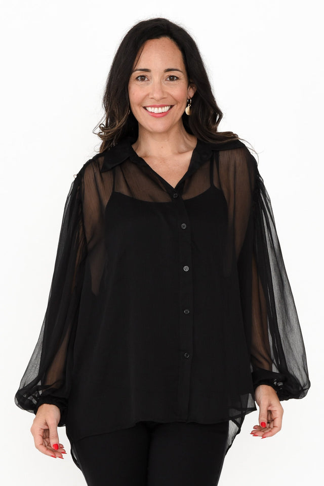 Eden Black Collared Shirt,Brunette model,alt text|model:Nicole image 1