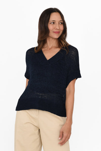 Elba Navy Knit V Neck Top