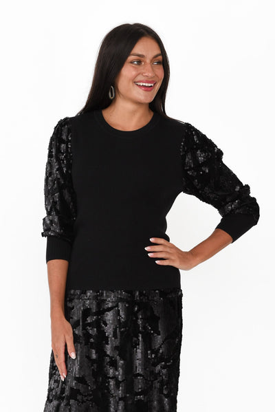 Elena Black Sequin Knit Top