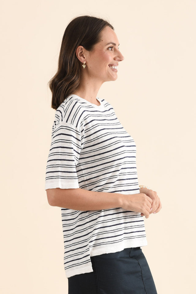 Eleni Navy Stripe Knit Tee,Side,Brunette model,alt text|model:MJ image 3