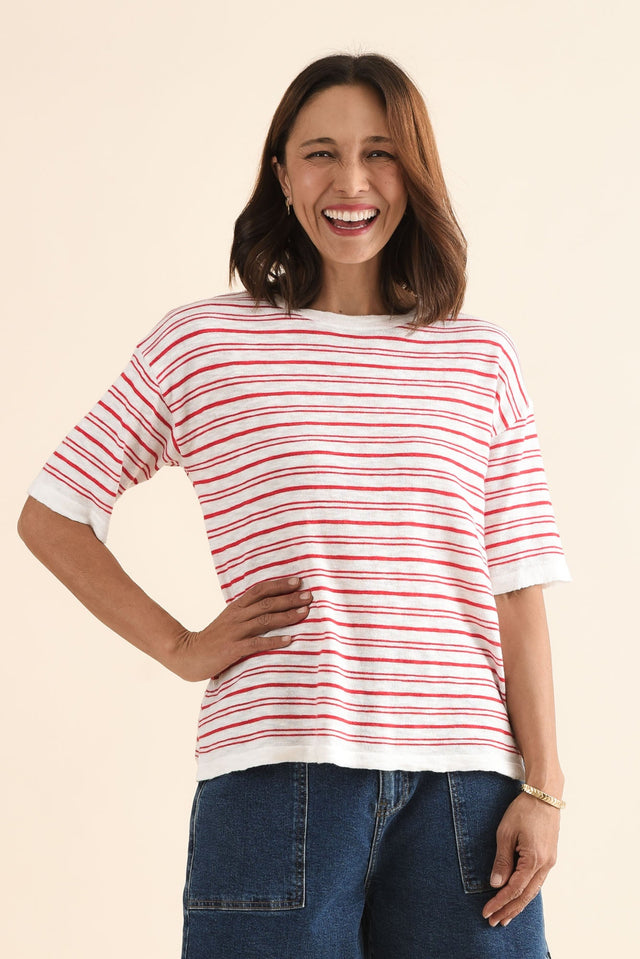 Eleni Red Stripe Knit Tee,Front,Brunette model,alt text|model:Cara