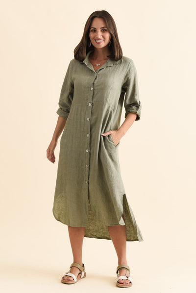 Elin Khaki Linen Shirt Dress