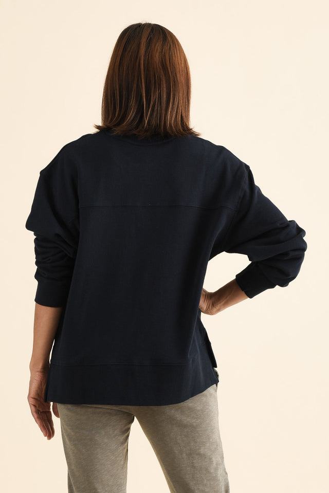 Elin Navy Heart Cotton Sweatshirt,brunette model,Back of Outfit,alt text|model:Cara image 4