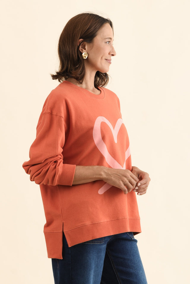Elin Orange Heart Cotton Sweatshirt,Side,Brunette model,alt text|model:Cara image 4