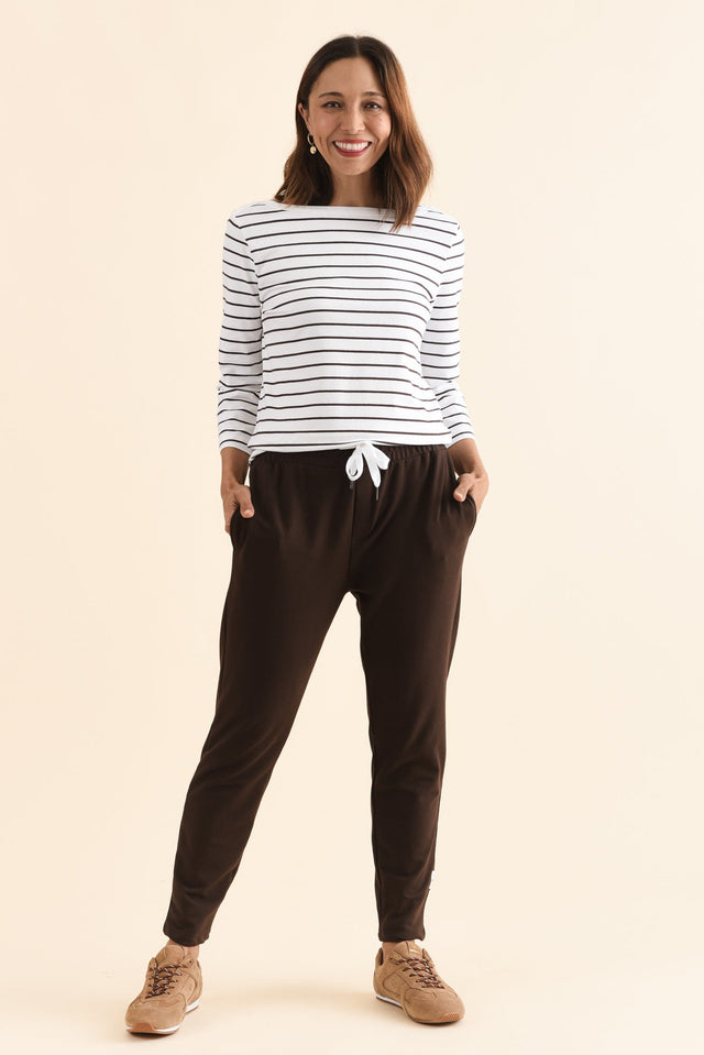 Eliza Chocolate Stripe Cotton Boatneck Tee,Full Body,Brunette model,alt text|model:Cara image 6