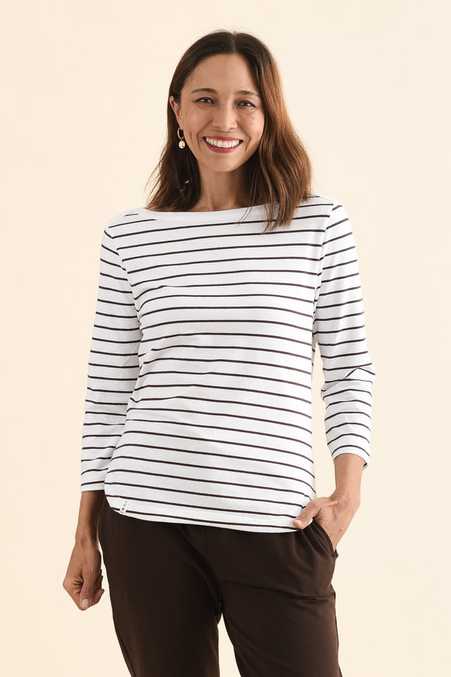Eliza Chocolate Stripe Cotton Boatneck Tee,Front,Brunette model,alt text|model:Cara