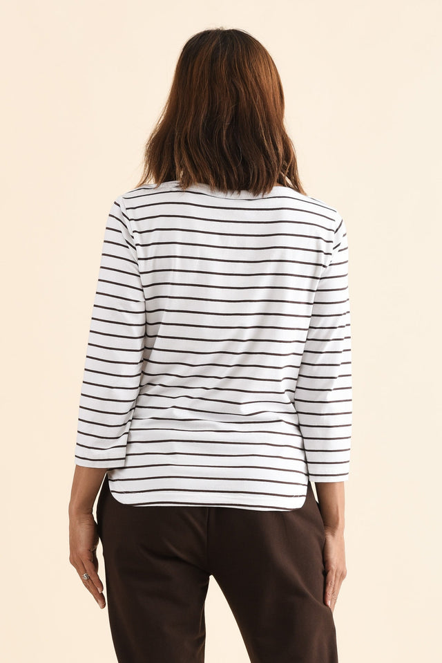 Eliza Chocolate Stripe Cotton Boatneck Tee,Back,Brunette model,alt text|model:Cara image 4