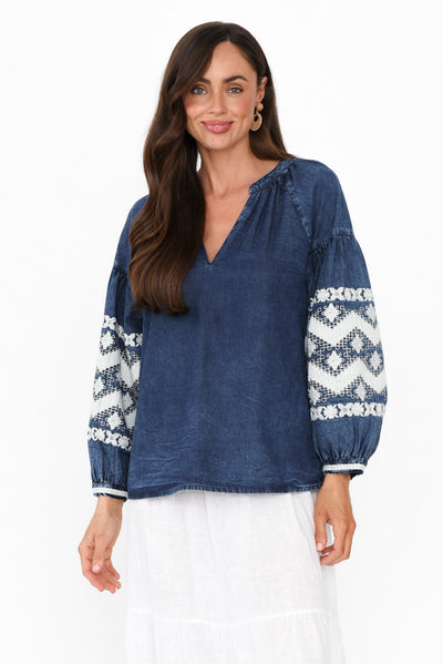 Elkana Blue Denim Embroidered Top