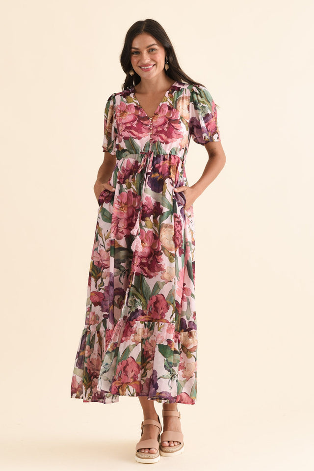 Elva Pink Floral Tie Dress,Full Body,Brunette model,alt text|model:Brontie