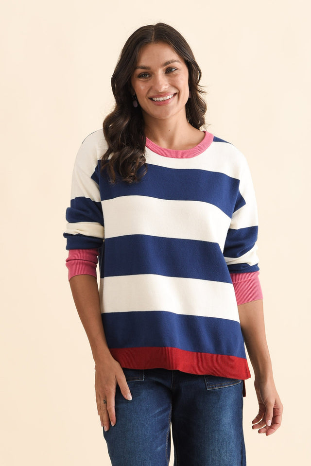 Elvie Blue Stripe Knit Jumper,Brunette model,alt text|model:Brontie image 2