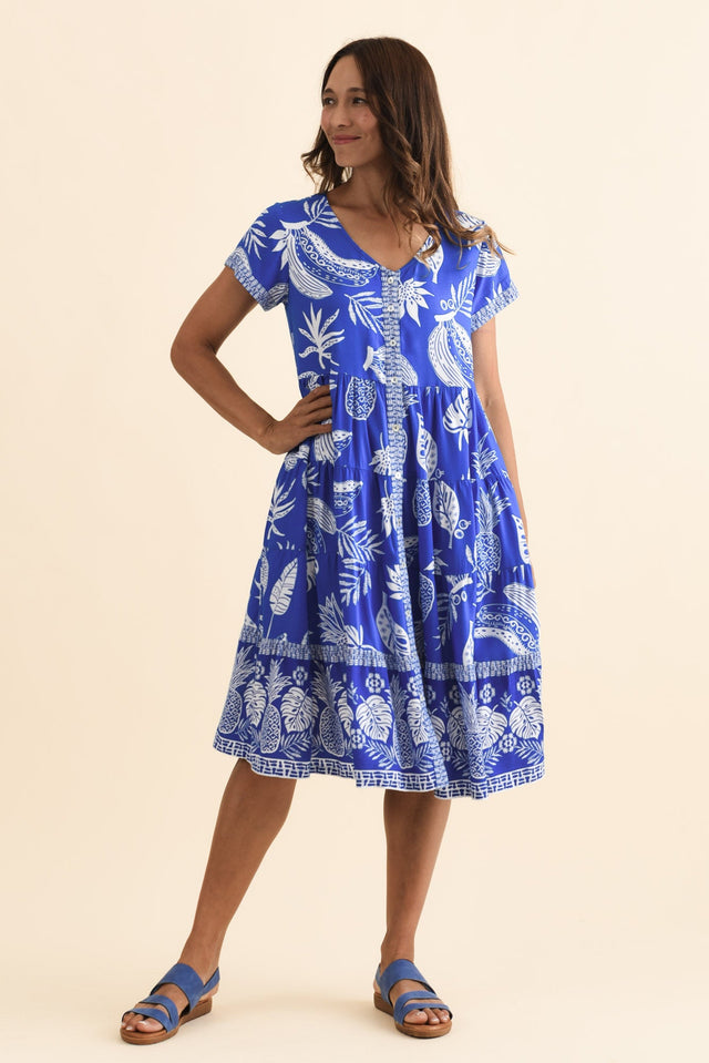 Emila Cobalt Tropical Button Dress,Brunette model,alt text|model:Cara image 3
