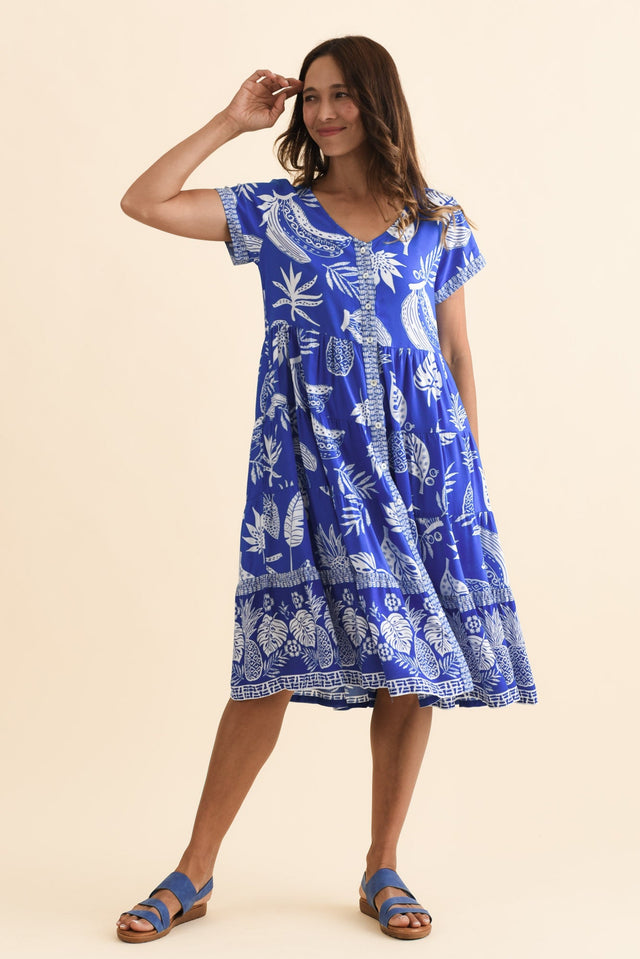 Emila Cobalt Tropical Button Dress,Brunette model,alt text|model:Cara image 7