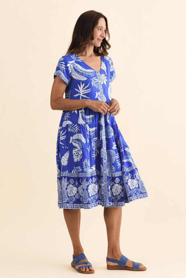 Emila Cobalt Tropical Button Dress,Brunette model,alt text|model:Cara image 4