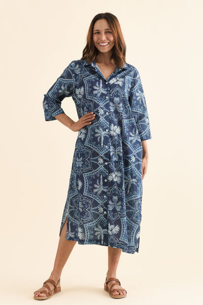 Emis Blue Palm Cotton Shirt Dress