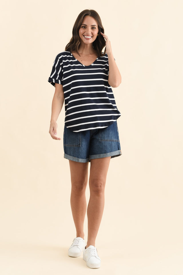 Toronto Navy Stripe Cotton Tee,Brunette model,alt text|model:MJ image 7