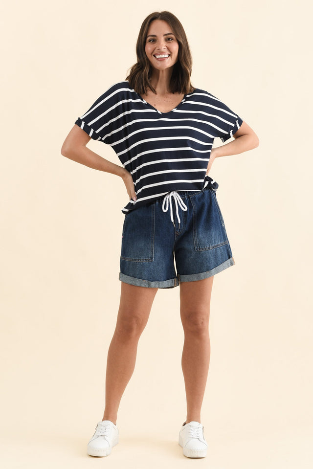 Emma Dark Blue Denim Relaxed Shorts,Brunette model,alt text|model:MJ image 8