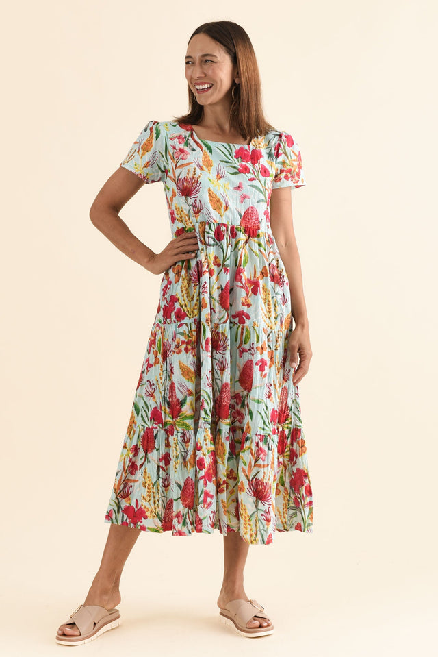 Emmi Pink Flower Cotton Pocket Dress,Full Body,Brunette model,alt text|model:Cara