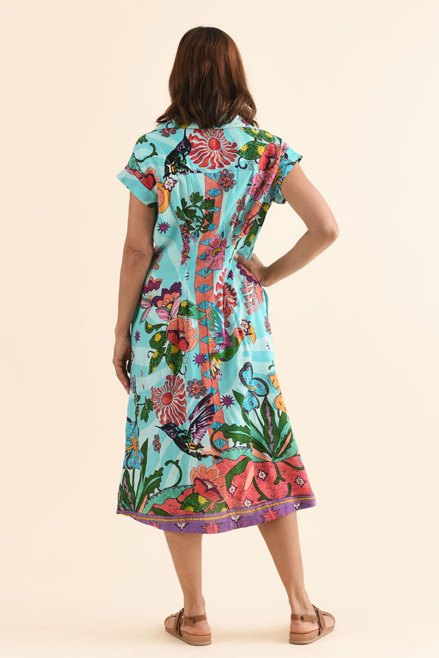 Emoha Blue Floral Tie Dress,Back,Brunette model,alt text|model:Cara image 4