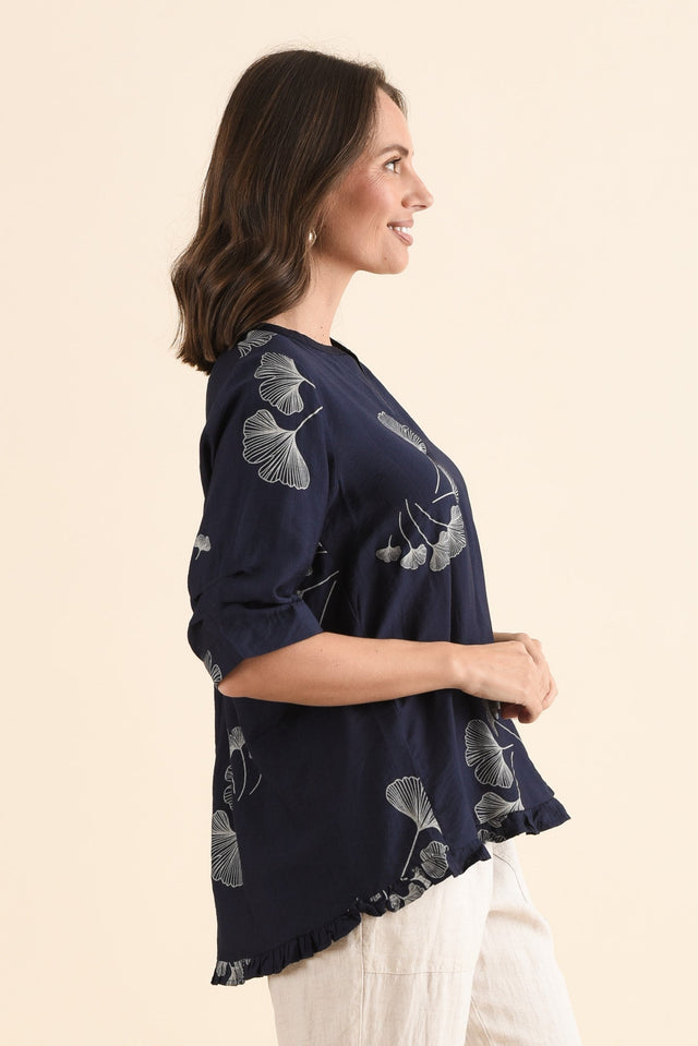 Ennis Navy Floral Frill Top,Side,Brunette model,alt text|model:MJ image 3
