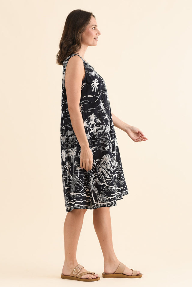 Enya Navy Beach Cotton Dress,Side,Brunette model,alt text|model:MJ image 3