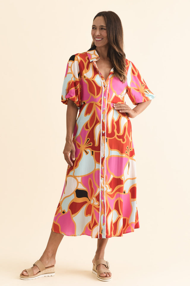 Eri Red Abstract Tie Dress,Brunette model,alt text|model:Cara image 8